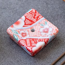 Flower Pattern Porcelain Incense Burners, Square Incense Holders, Home Office Teahouse Zen Buddhist Supplies, Red, 33x33x11mm(INBU-PW0001-15E)