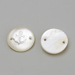 Freshwater Shell Links connectors, Flat Round & Anchor, Platinum, 16x4mm, Hole: 1.1~1.5mm(SHEL-Q009-006P)