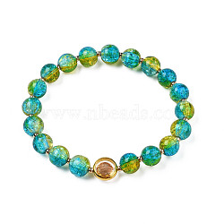 Round Glass Beaded Stretch Bracelet with Gold Plated Brass Ring for Women, Dark Turquoise, Inner Diameter: 2 inch(5cm)(BJEW-N018-02H)