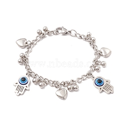 Hamsa Hand/Hand of Miriam with Evil Eye & Heart 201 Stainless Steel Charm Bracelet with 304 Stainless Steel Chains for Women, Stainless Steel Color, 8 inch(20.2cm)(STAS-P304-01P)