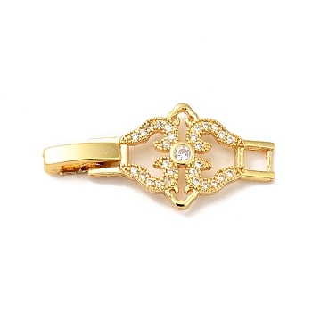 Flower Rack Plating Brass Clear Cubic Zirconia Watch Band Clasps, Cadmium Free & Lead Free, Long-Lasting Plated, Real 18K Gold Plated, 31x14x4mm, Hole: 3x3mm