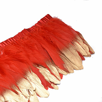 Golden Plated Goose Feather Cloth Strand Costume Accessories, Dyed, Red, 150~180x4mm, about 2m/bag