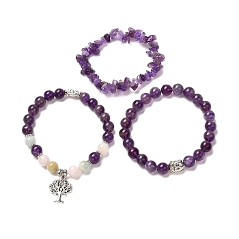 Natural Amethyst & Morganite Stretch Bracelets Set for Men Women, Tibetan Style Buddha Head & Tree of Life Love Bracelets, Purple, Inner Diameter: 2-1/8 inch(5.5cm), 3pcs/set