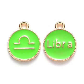 Alloy Enamel Pendants, Cadmium Free & Lead Free, Flat Round with Constellation, Light Gold, Pale Green, Libra, 15x12x2mm, Hole: 1.5mm