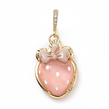 Opaque Resin Pendants, Strawberry Charm, with Brass Micro Pave Clear Cubic Zirconia Findings, Cadmium Free & Lead Free, Real 18K Gold Plated, Light Coral, 27.5x19.5x10mm, Hole: 4.5x7mm