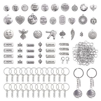 DIY Motivation Word Charm Keychain Making Kit, Including Iron Key Rings, Tibetan Style Alloy Heart & Flat Round & Oval & Wing & Angel & Gesture Pendants, Antique Silver & Stainless Steel Color, 93Pcs/box