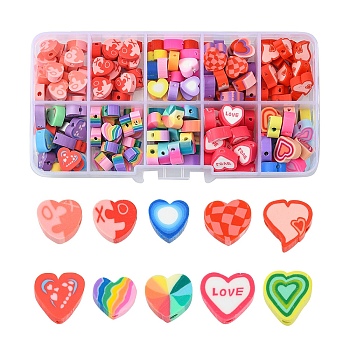 200Pcs 10 Styles Handmade Polymer Clay Beads, Heart, Mixed Color, 7.5~9x7~11x3.5~5mm, Hole: 1.2~2mm, 20pcs/style