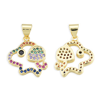 Brass Micro Pave Cubic Zirconia Pendants, with Brass Snap on Bails, Nickel Free, Real 18K Gold Plated, Dog Charm, Colorful, 16.5x15.5x2.5mm, Hole: 3.5x4mm
