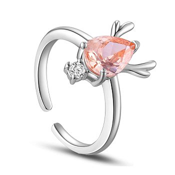 SHEGRACE Rhodium Plated 925 Sterling Silver Cuff Rings, Open Rings, Deer with AAA Cubic Zirconia, Light Salmon, 18mm