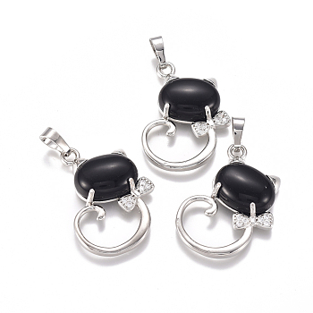 Natural Black Agate Kitten Pendants, with Platinum Tone Brass Findings and Crystal Rhinestone, Cat with Bowknot Shape, Dyed & Heated, 32x25.5x7.5mm, Hole: 4.5x7mm