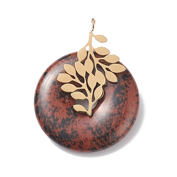 Natural Mahogany Obsidian Pendants, with Ion Plating(IP) Golden Color Tone 304 Stainless Steel Findings, Leaf with Donut/Pi Disc Charm, 37~38x30x10~11mm, Hole: 3mm