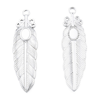 201 Stainless Steel Pendant Settings for Enamel, Feather, Stainless Steel Color, Tray: 4x6mm, 46.5x13x2mm, Hole: 2.5mm