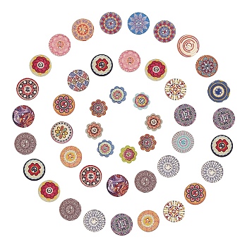 2-Hole Printed Wooden Buttons, Dyed, Flat Round, Mixed Color, 25x2.5mm, Hole: 2mm