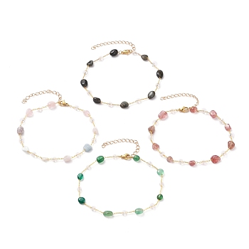 Nuggets Natural Gemstone Beaded Anklets, with Glass Beads, Brass Cable Chains and 304 Stainless Steel Lobster Claw Clasps, Golden, 9-5/8 inch(24.5cm)