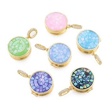 Brass Micro Pave Clear Cubic Zirconia Locket Pendants, with Natural Abalone Shell/Paua Shell, Dyed, Nickel Free, Real 18K Gold Plated, Flat Round Charm with Virgin Mary Pattern Inside, Mixed Color, 21x19x8mm, Hole: 4x5.5mm