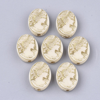 Plating Acrylic Beads, Metal Enlaced, Oval with Woman, Lemon Chiffon, 17.5~18x13x6mm, Hole: 1.8mm
