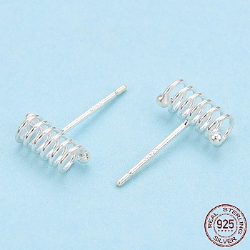 925 Sterling Silver Spring Spiral Stud Earrings, with S925 Stamp, Silver, 10x4mm, Pin: 0.8mm