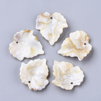 Acrylic Pendants, Imitation Gemstone Style, Leaf, Floral White, 25x24x5.5mm, Hole: 1.4mm, about 725pcs/500g.