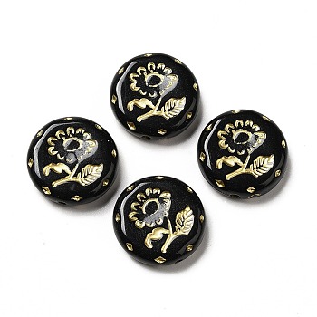 Opaque Acrylic Beads, Golden Metal Enlaced, Flat Round with Flower, Black, 18x4mm, Hole: 1.6mm, about 399pcs/500g
