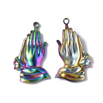 Ion Plating(IP) 304 Stainless Steel Pendants, Praying Hands Charm, Rainbow Color, 36.5x22x4mm, Hole: 2mm