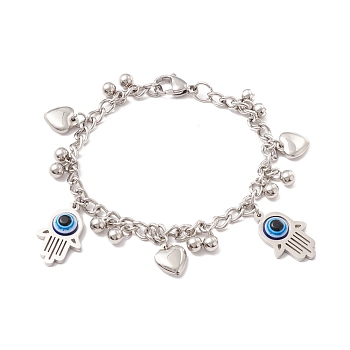 Hamsa Hand/Hand of Miriam with Evil Eye & Heart 201 Stainless Steel Charm Bracelet with 304 Stainless Steel Chains for Women, Stainless Steel Color, 8 inch(20.2cm)