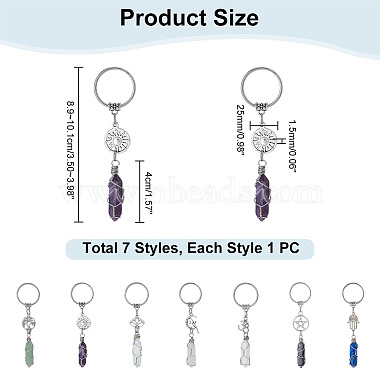 nbeads 7pcs 7 styles porte-clés enveloppé de fil de pierre précieuse(KEYC-NB0001-49)-2