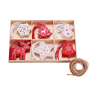 Wooden Ornaments, Christmas Tree Hanging Decorations, with Jute Twine, for Christmas Party Gift Home Decoration, Mixed Color, 49.5~60x42.5~63mm, 30pcs/set(JX040A)