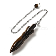 Natural Tiger Eye Pointed Dowsing Pendulums, with 304 Stainless Steel Chains, Bullet Charm, 243mm, Bullet: 60x12.5mm, Hole: 3mm(G-F758-F06-P)