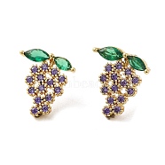Rack Plating Real 18K Gold Plated Brass Grape Stud Earrings, with Cubic Zirconia, Long-Lasting Plated, Lead Free & Cadmium Free, Colorful, 17x15mm(EJEW-B034-15G)