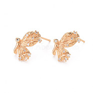 Brass Micro Pave Clear Cubic Zirconia Earring Findings, Nickel Free, Butterfly, Real 18K Gold Plated, 15x12mm, Hole: 0.8mm, Pin: 0.8mm(KK-T062-228G-NF)