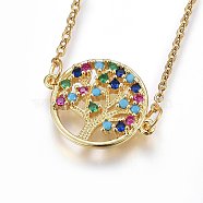 304 Stainless Steel Pendant Necklaces, with Cubic Zirconia, Colorful, Flat Round with Life Tree, Golden, 17.71 inch(45cm)(NJEW-L146-04G)