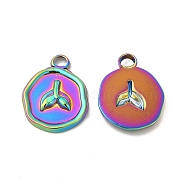 Ion Plating(IP) 
304 Stainless Steel Pendants, Flat Round with Fishtail Charm, Rainbow Color, 16.5x13x2mm, Hole: 2mm(STAS-I671-09MC)