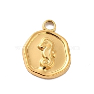 Ion Plating(IP) 304 Stainless Steel Pendants, Flat Round with Sea Horse, Real 18K Gold Plated, 16x13x2mm, Hole: 2mm(STAS-F282-07G)
