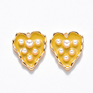 Brass Enamel Pendants, with ABS Plastic Imitation Pearl, Nickel Free, Heart, Real 18K Gold Plated, Yellow, 17x13.5x4mm, Hole: 1mm(KK-T049-054G-05-NF)