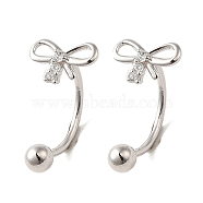 Rhodium Plated Sterling Silver Rhinestone Stud Earrings, Bowknot, with S925 Stamp, Platinum, 14x8mm(EJEW-D106-01P)