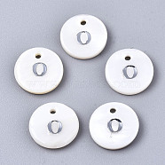 Natural Freshwater Shell Pendants, with Platinum Plated Iron Etched Metal Embellishments, Flat Round with Initial Letter, White, Letter.O, 11x2mm, Hole: 1.5mm(SHEL-Q018-01A-O-P)