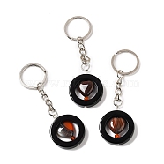 Natural Agate Pendant Keychain, with Iron Key Ring, Flat Round with Heart, 9cm(KEYC-C004-01)