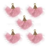 Faux Mink Fur Tassel Pendant Decorations, with Antique Golden Alloy Findings, Pale Violet Red, 20~30x28~30mm, Hole: 1.8mm(FIND-YW0002-24B)