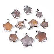 Natural Cherry Blossom Agate Pendants, with Platinum Plated Iron Findings, Star, 19.5~28.5x16.5~28x8~9mm, Hole: 4x6.5mm(G-N326-105)