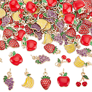 100Pcs Alloy Enamel Pendants, with Jump Rings, Light Gold, Banana & Apple & Strawberry, Mixed Color, 13~17x9~12x2~2.5mm(FIND-DC0001-79)