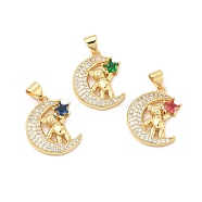 Brass Micro Pave Cubic Zirconia Pendants, Moon with Bear & Star Charm, Golden, Mixed Color, 20.5x16x4mm, Hole: 5x3.5mm(KK-H441-22G)