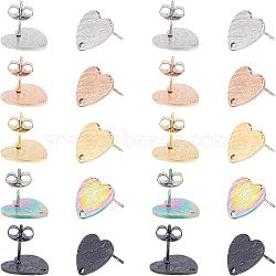 Unicraftale 30Pcs 5 Colors Heart Shape with Textured PVD Vacuum Plating 304 Stainless Steel Stud Earring Findings, with Ear Nuts/Earring Backs and Hole, Mixed Color, 12x13x1mm, Pin: 0.8mm, 6pcs/color(EJEW-UN0001-62)