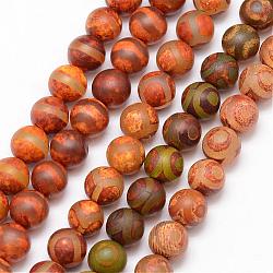 Tibetan Style Mixed Pattern dZi Beads, Natural Agate Bead Strands, Round, Frosted, Dyed & Heated, Mixed Color, 8mm, Hole: 1mm; about 23pcs/strand, 7.5inches(G-K166-03-8mm-L2)
