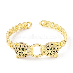 Green Cubic Zirconia Double Leopard Open Cuff Bangle, Rack Plating Brass Jewelry for Women, Cadmium Free & Lead Free, Real 18K Gold Plated, Inner Diameter: 2-1/8x2 inch(5.5x5.2cm)(BJEW-I302-02G)