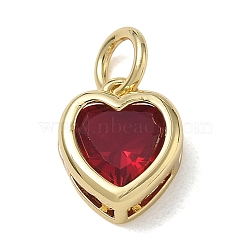 Brass Pave Cubic Zirconia Charms, Heart Charms, Single Stone Charms, Long-Lasting Plated, Rack Plating, Lead Free & Cadmium Free, Real 18K Gold Plated, Dark Red, 12x10x5mm, Hole: 5mm(KK-CBA56EF-31G-01)