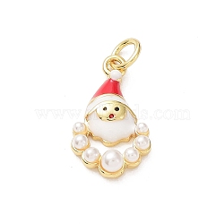 Christmas Rack Plating Brass Enamel Pendants, with Plastic Imitation Pearl and Jump Ring, Cadmium Free & Lead Free, Santa Claus Charm, Real 18K Gold Plated, White, 17.5x10x3.8mm, Hole: 3mm(KK-G469-11G)