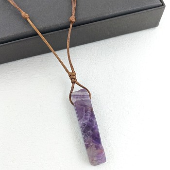 Natural Amethyst Rectangle Pendant Necklaces, Camel Color Imitation Leather Cord Necklaces for Women, 19.69~23.62  inch(50~60cm)