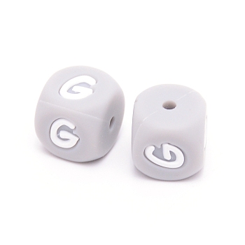 Silicone Beads, Cube with Letter.G, Gray, 12x12x12mm, Hole: 2mm