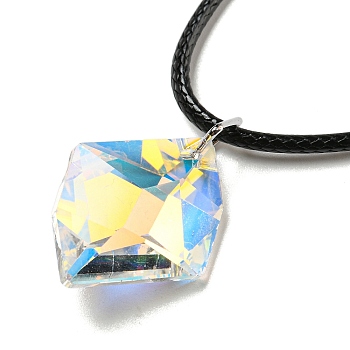 Waxed Cord Necklaces, K9 Glass Pendant Necklaces, Rhombus, Clear AB, 18.11 inch(46cm)