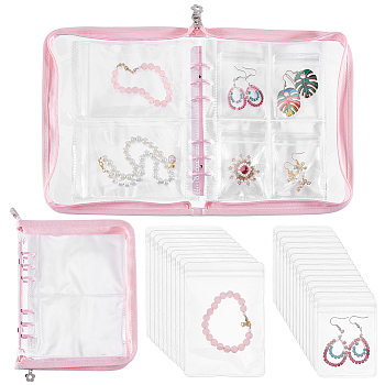 Transparent Jewelry Organizer Storage Zipper Bag, 3 Inch 5 Inch Jewelry Storage Loose Leaf Album with 60Pcs Zip Lock Bags, Holder for Rings Earring Necklaces Bracelets, Rectangle, Pink, 23x18.5x2.5cm